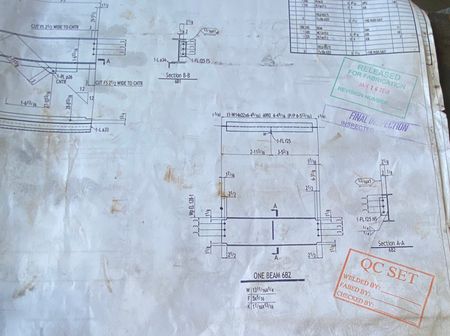 Shop drawing detailing structural beam fabrication showing QC inspection stamp, final inspection stamp, and a release for fabrication stamp to meet AISC certification requirements simplifying the fabricators process